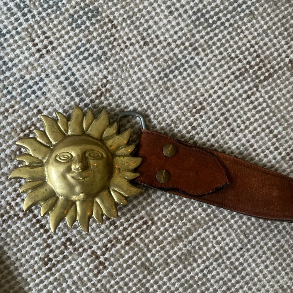 Vintage Brown Leather Belt with Gold Sun Buckle